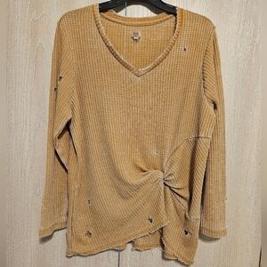 True Craft Distressed Waffle Knit Long-Sleeve V-Neck